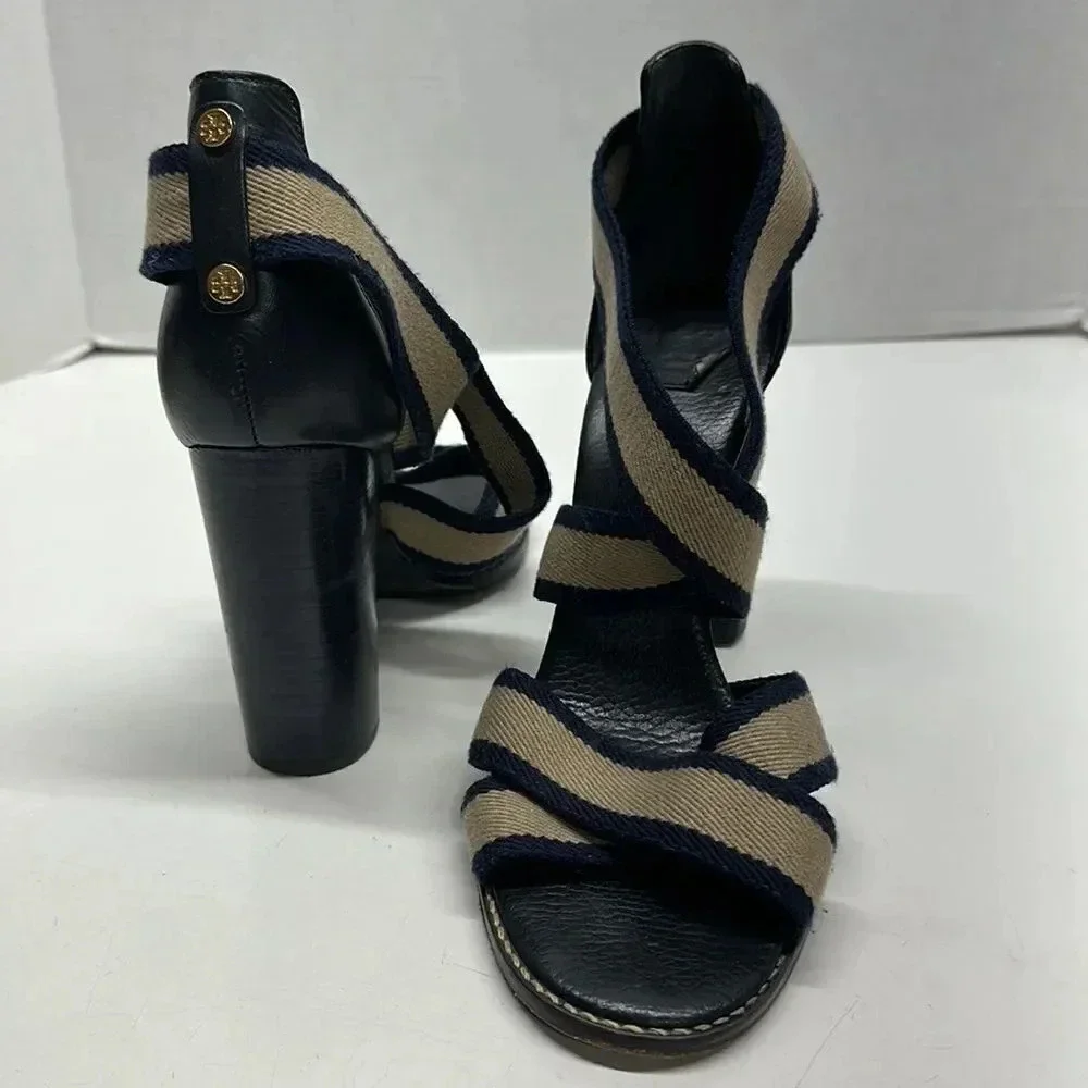 Tory Burch Laurie Criss Cross Elastic Strap Chunky Stacked High Heel Shoe 10